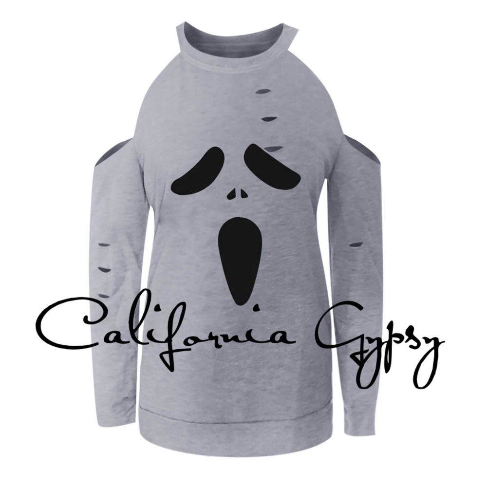 Ghost Halloween Distressed Cold Shoulder Sweatshirt👻 - Picture 3 of 5